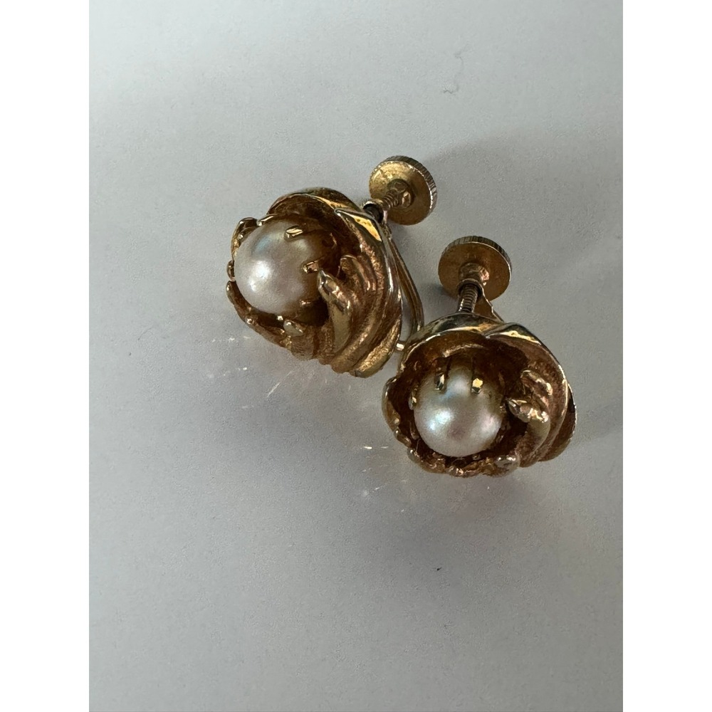 Kramer of New York Vintage Faux Pearl Floral Gold Tone Screw Back Earrings